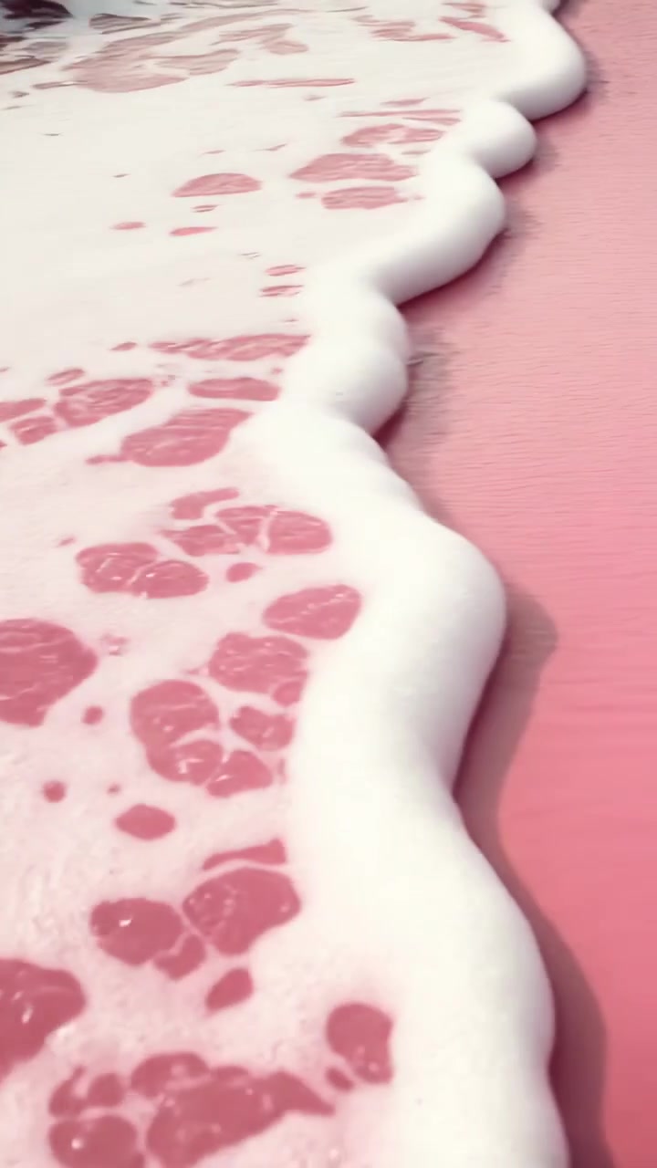 Pembe kumlu bir plajda geri çekilen nazik pembe dalgalar