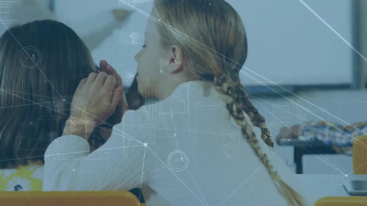 다른 소녀의 귀에 속삭이는 백인 소녀에 대한 연결 네트워크의 애니메이션