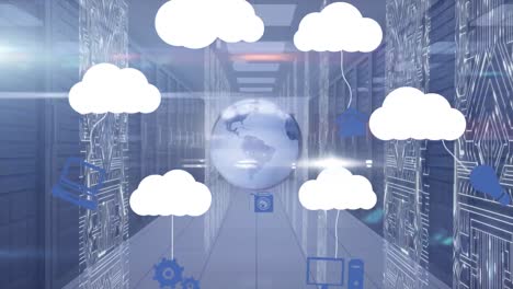 animazione di icone multimediali e globo sulla sala server