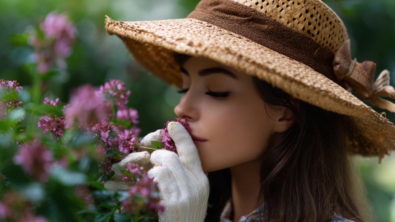 Un momento sereno nella natura: una donna con un cappello di paglia che si gode l'aroma dei fiori in fiore, mentre è circondata da una lussureggiante vegetazione e fioriture colorate in un giardino.