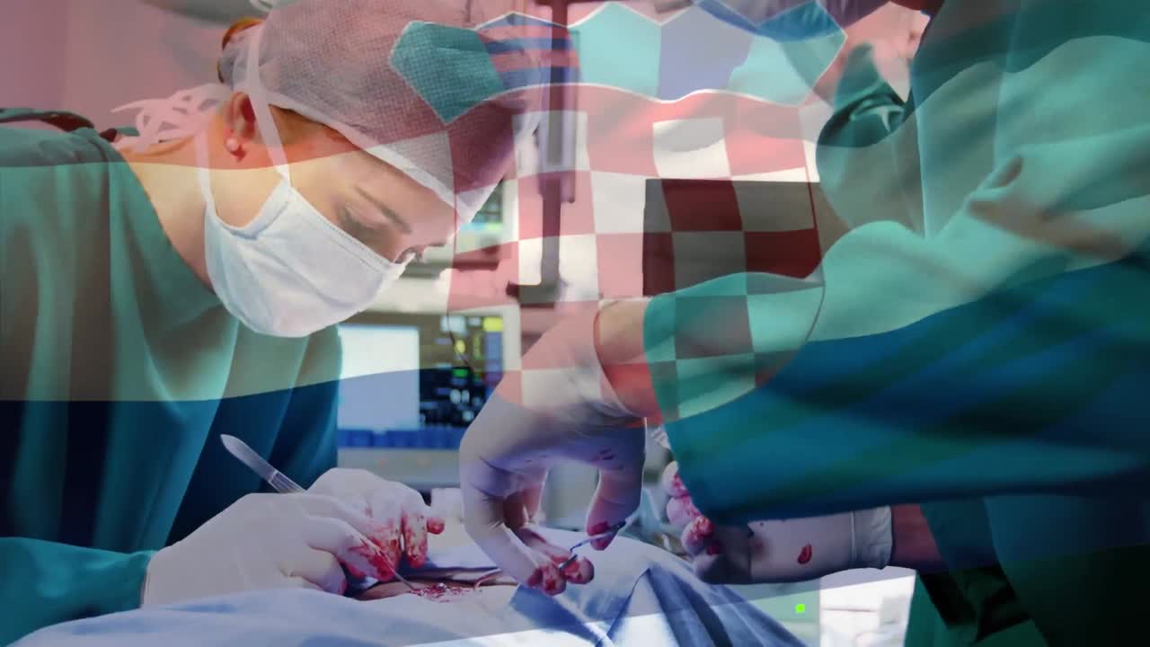 animación de la bandera de croacia ondeando sobre los cirujanos en el quirófano