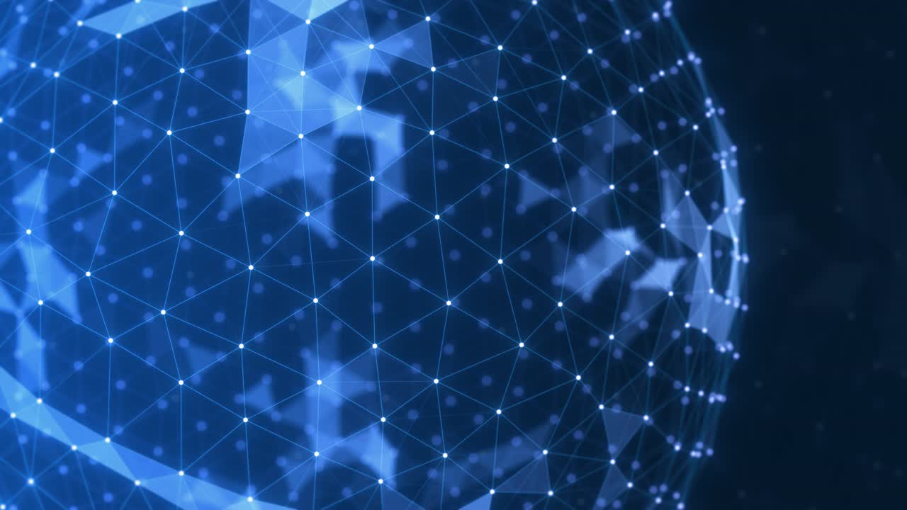 Esfera de plexo futurista, tecnología abstracta. Esfera de plexo giratoria con puntos y líneas. Fondo con concepto de blockchain