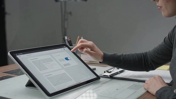 Professional Designer Working on Digital Tablet and Sketching on Paper