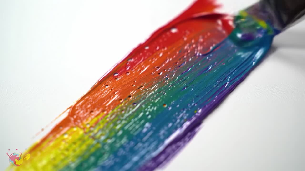 An artist skillfully mixes bright colors using a palette knife, creating a stunning rainbow effect. The smooth texture and rich hues captivate as they blend together seamlessly.