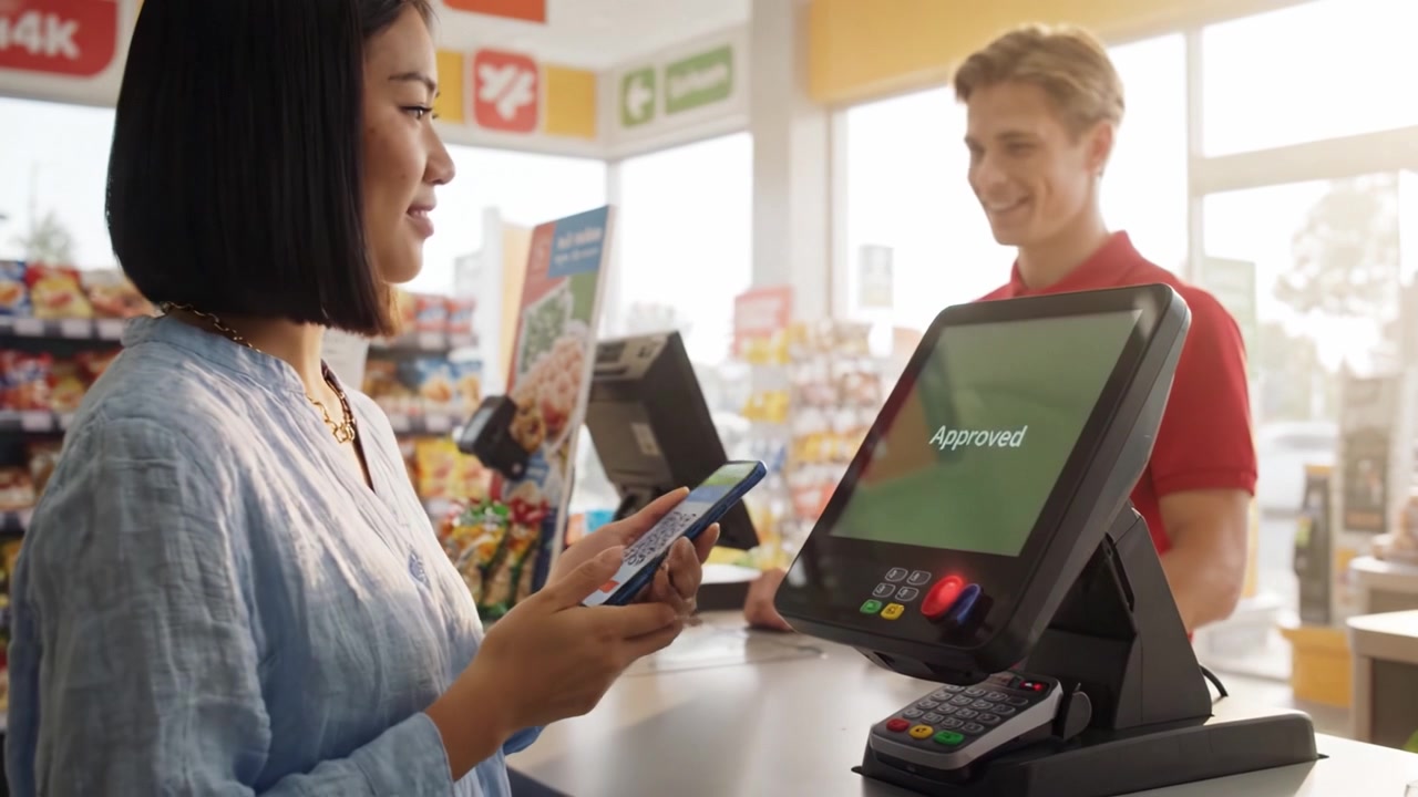 Uma mulher usa o smartphone para fazer um pagamento por aproximação em um balcão de checkout, exibindo tecnologia de compras moderna e satisfação do cliente.
