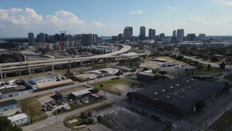 postcard aerial of the city of tampa bay, florida, a complete downtown area in the horizon