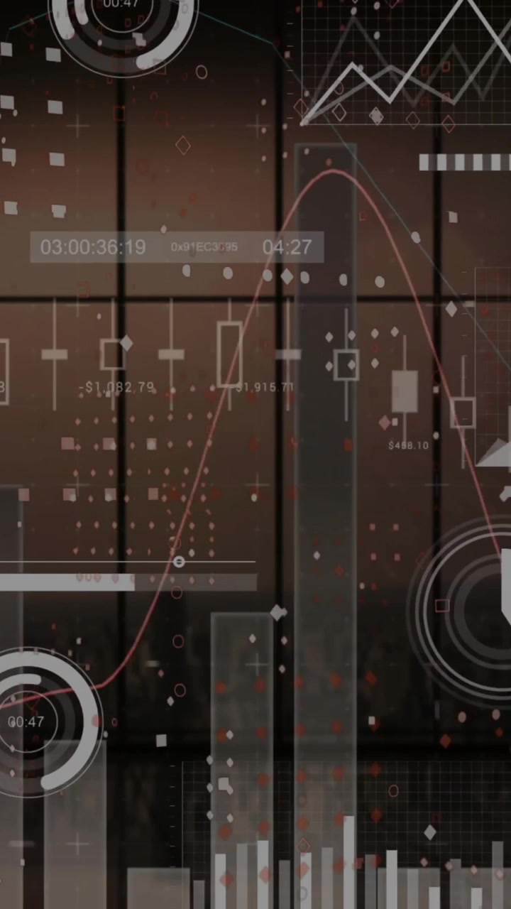 Animation of financial data processing over dark background