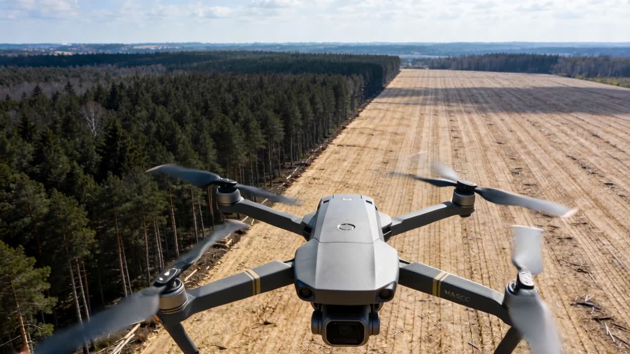 Motori rotanti che spingono un quadricottero con telecamera gimbal, volando in avanti lungo la linea degli alberi e riprendendo filari di campi