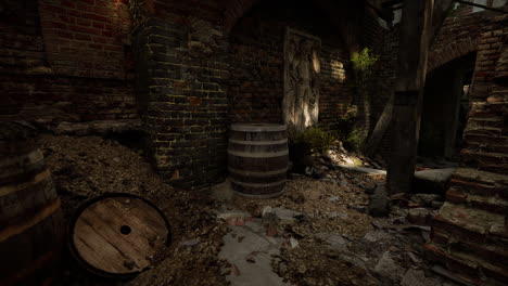 abandoned alleyway with rustic barrels and overgrown vegetation at dusk