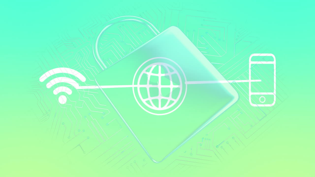 Animation of digital security with globe, smartphone, and Wi-Fi on green background