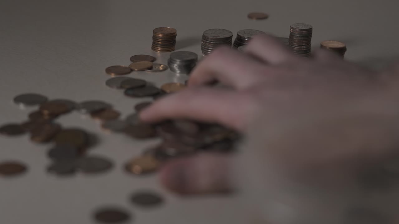 monedas que se limpian de una mesa de una pila