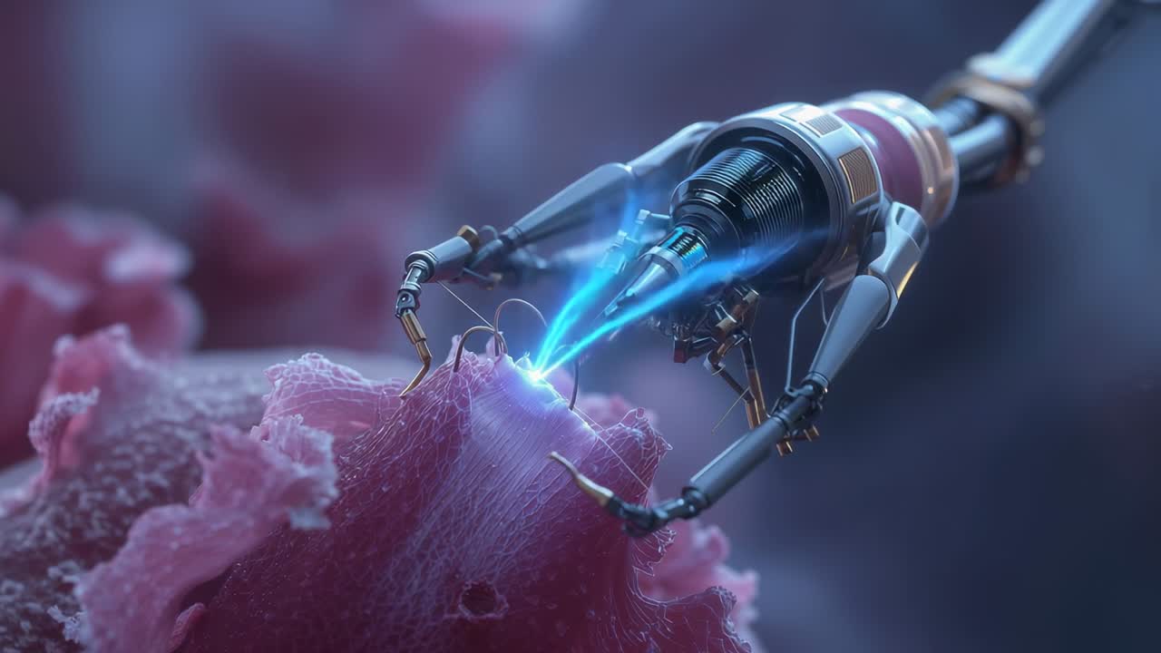 Entering right robotic arm probing tissue at scope, probe and microhooks forming blue-arcs to cut