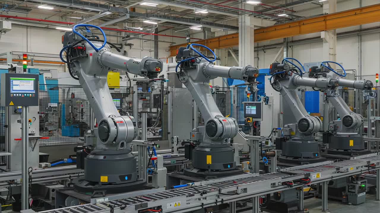 Advanced Robotic Arm Assembly Line Demonstrating Precision Engineering and Automation in a Modern Manufacturing Environment with Multiple Robotic Systems Operating Efficiently