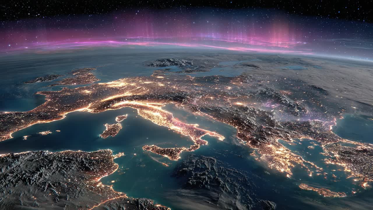 Una splendida vista aerea notturna della Terra che mostra i monumenti illuminati d'Europa sullo sfondo di un bellissimo cielo di aurora boreale