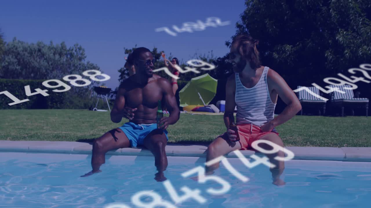 Friends initiating data discussion while sipping bottles at poolside showcasing floating numbers