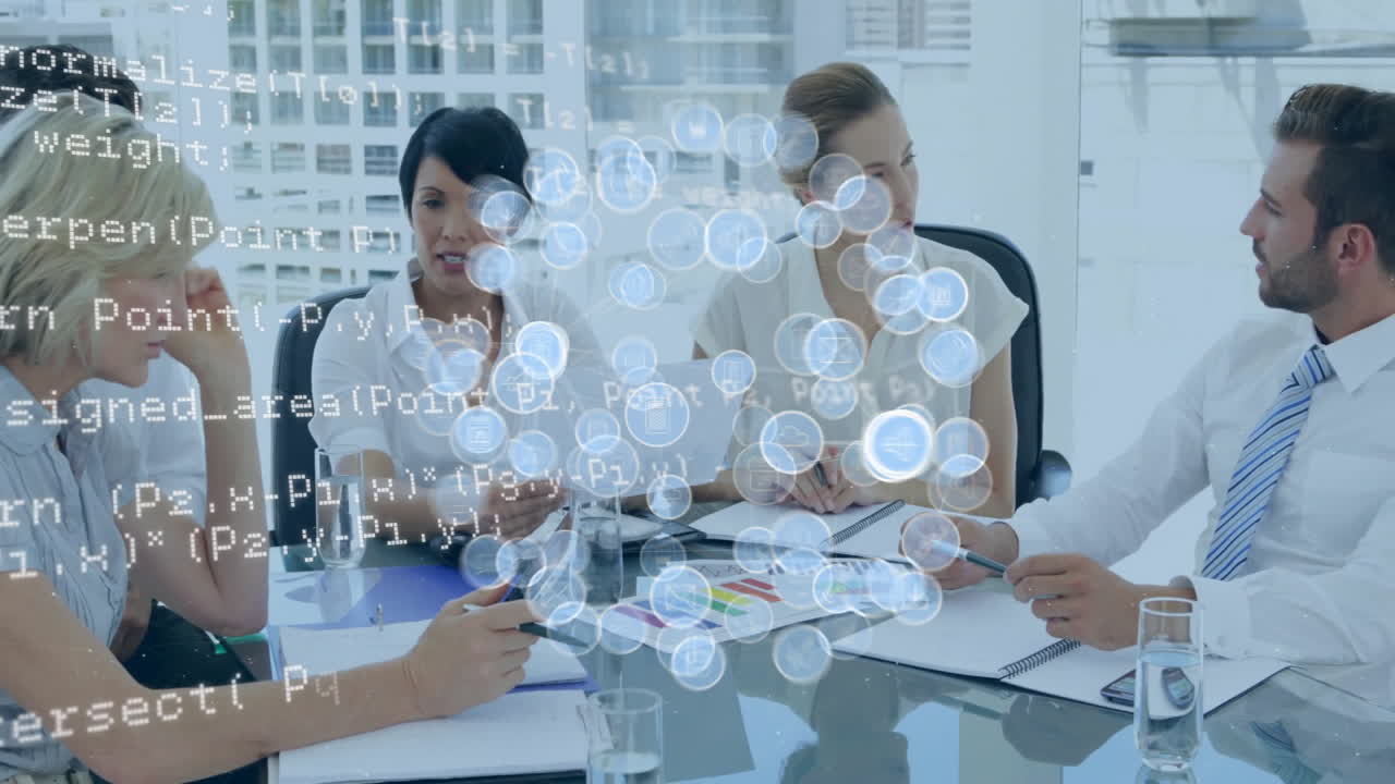 animación de la red de iconos y procesamiento de datos sobre diversas personas de negocios en la oficina