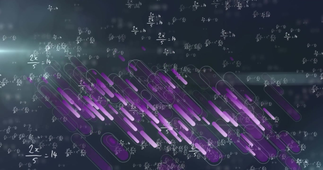 Animation of purple shapes over math formulas on black background