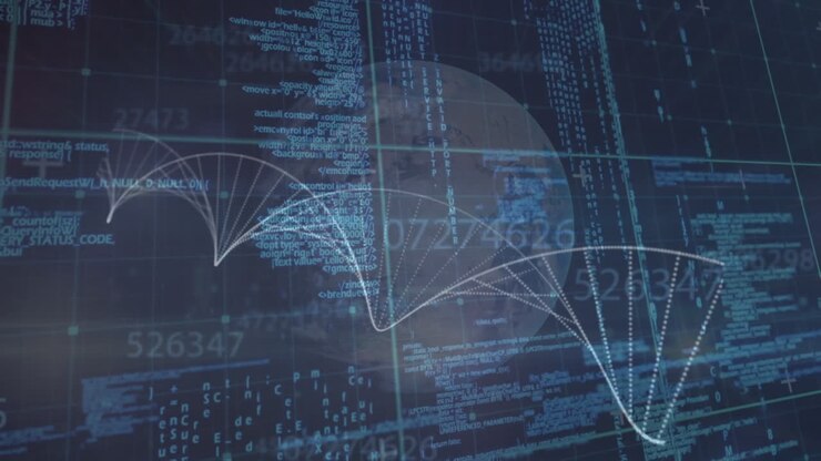 Animation of data processing and globe over dna strand