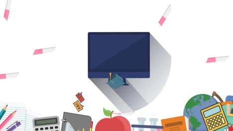 animación de monitores de computadora y iconos escolares que caen sobre un fondo blanco.