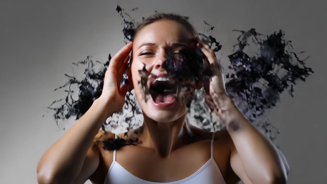 Una Donna che Esprime Intensa Emozione con le Mani sulla Testa, Circondata da Frammenti Artistici Simili a Capelli in un Ambiente Drammatico e Mistico
