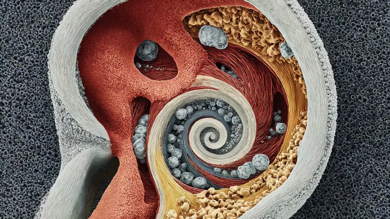 Intricate Microscopic View of Biological Structures Illustrating Layered Textures and Cellular Patterns in a Fascinating Spiraled Composition of Organic Materials