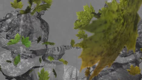 animation of leaves falling over caucasian man and woman playing guitar and drum