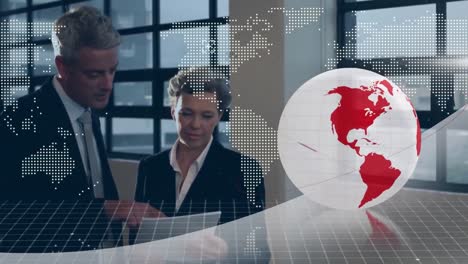 animation of globe and data processing over diverse business people using tablet