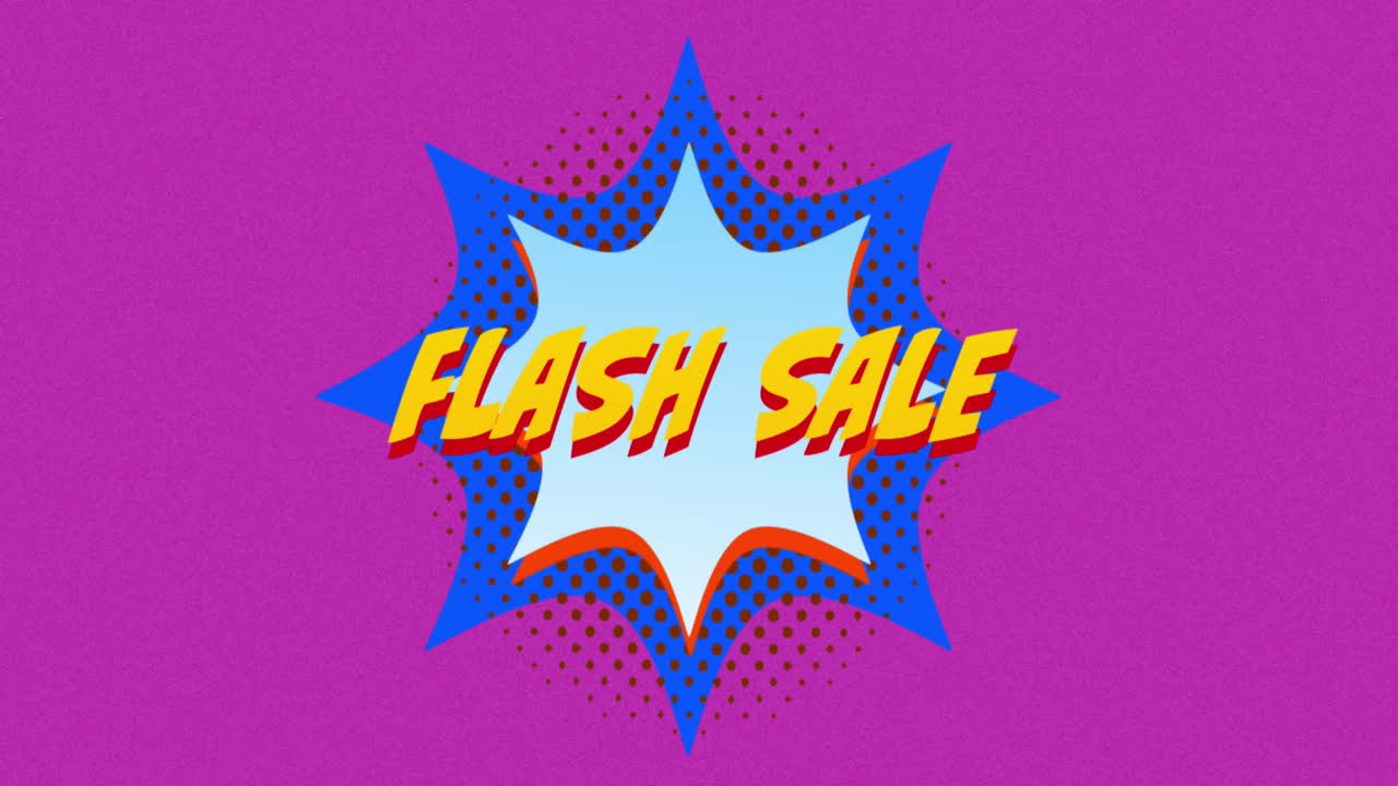 venta flash, boom y zap texto en burbuja de habla contra fondo púrpura