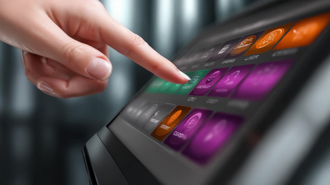 A Close-up View of a Finger Interacting with a High-Resolution Touchscreen Display, Highlighting Vibrant Buttons and User Interface Elements for Enhanced Functionality and Experience