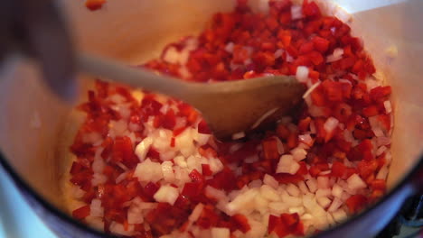 salteando cebollas picadas y pimientos rojos en una olla en la estufa - cámara lenta aislada