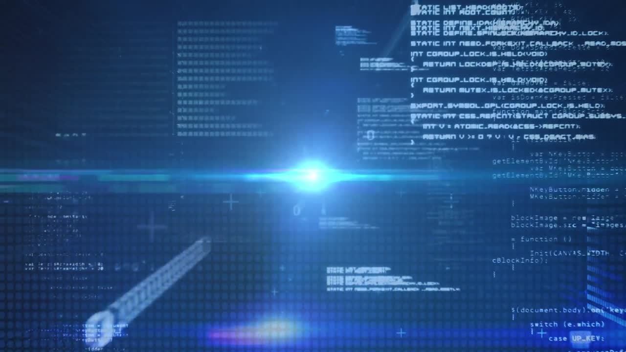 Animation of blue glowing light over layers of data processing on black background