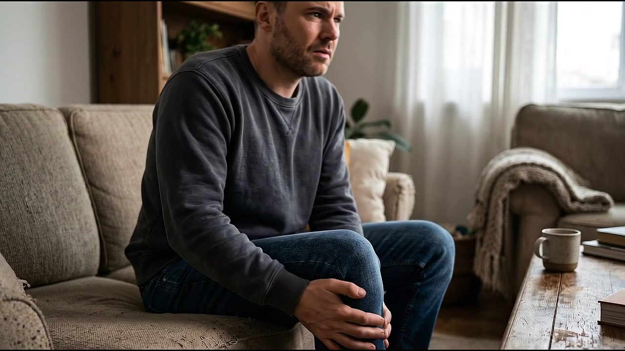 Uomo adulto che soffre di dolore persistente al ginocchio al chiuso