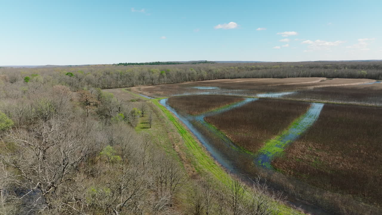arroyos, campos y bosques durante la temporada de otoño en el área de gestión de vida silvestre de bell slough en arkansas, estados unidos