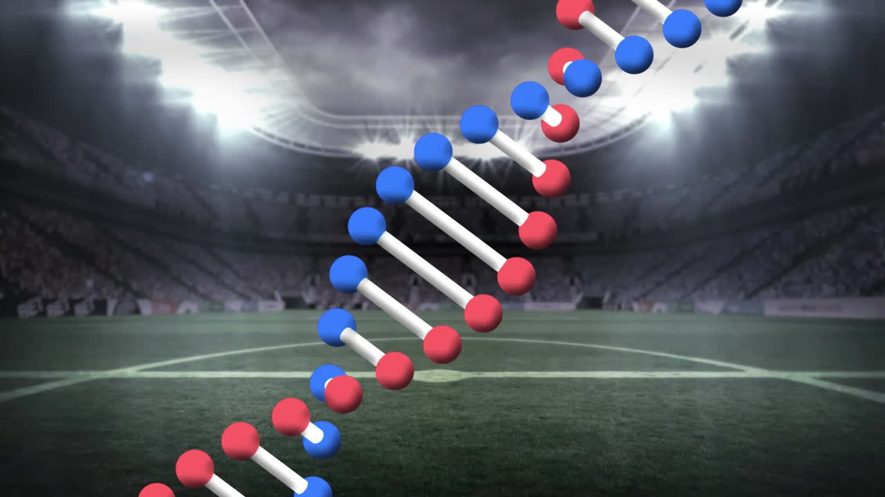 스포츠 경기장 위에서 회전하는 dna 가닥의 애니메이션