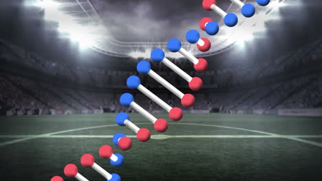 animación de una cadena de adn giratoria sobre un estadio deportivo