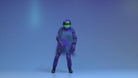 un astronauta peludo púrpura futurista bailando