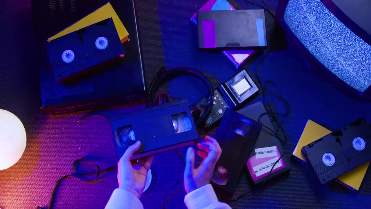 tv와 vhs 카세트 바닥에