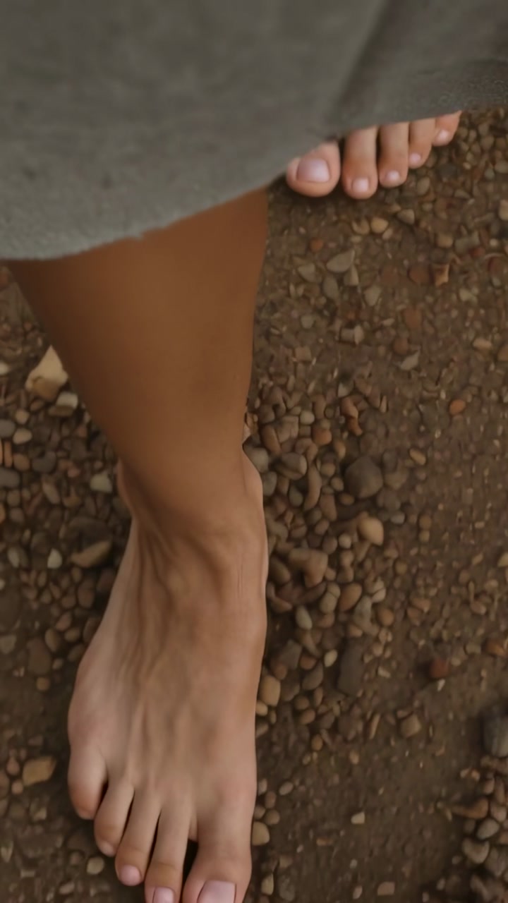 Vertical video: Right foot lifting, bare feet stepping to cross pebbled ground, gray skirt swaying