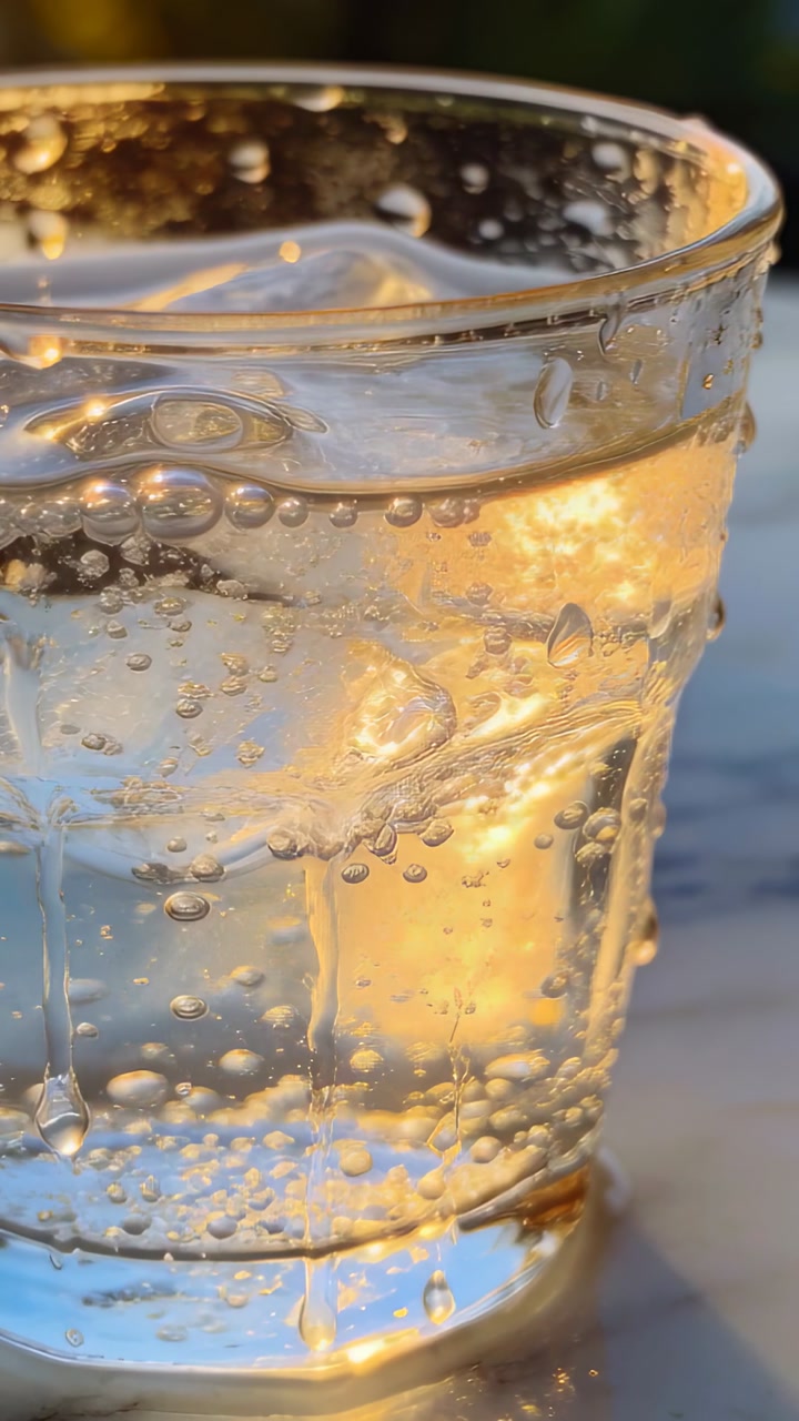 Vertical video: Warm sun bathing glass with soda and ice, bubbles rising, drops sliding on table