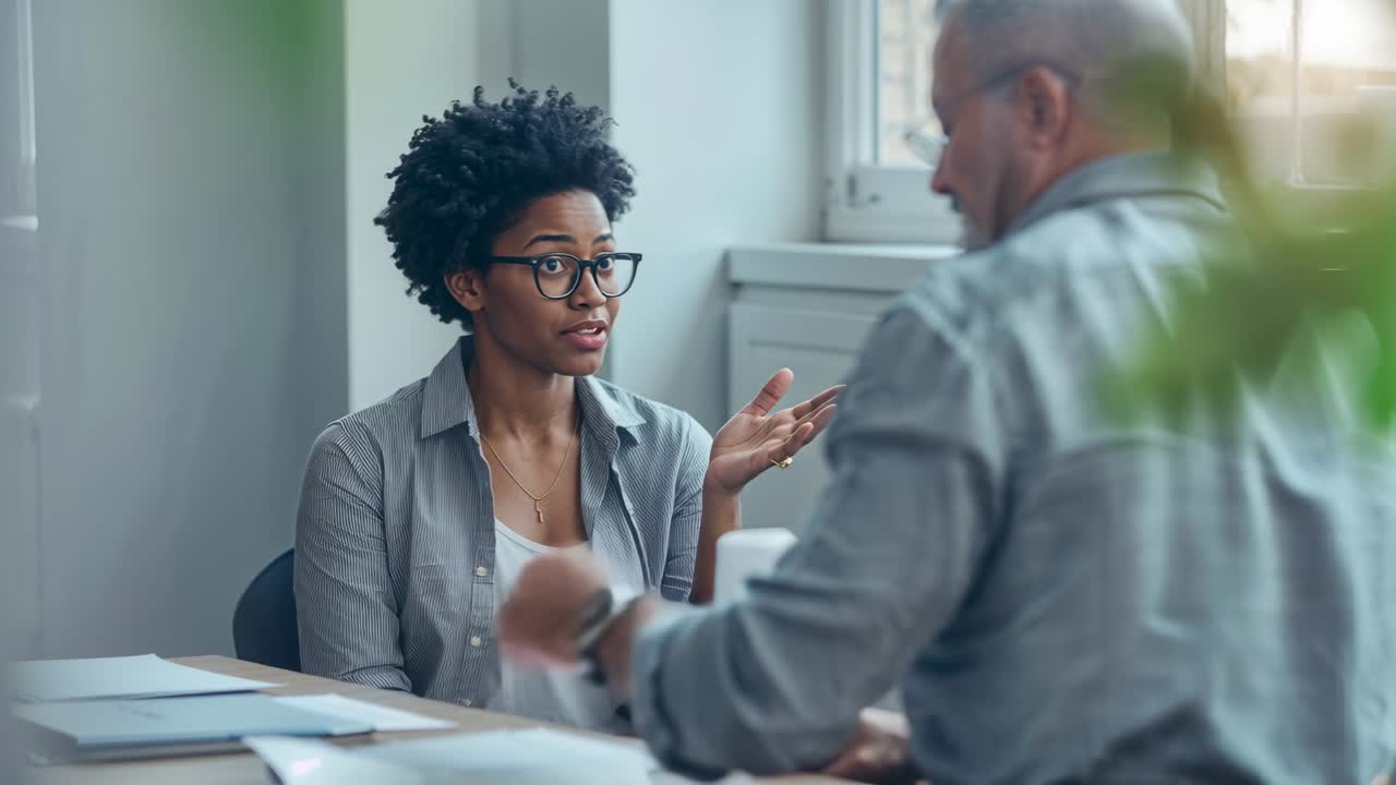 Vertical video: Woman initiating discussion gesturing while man reaching for papers to review