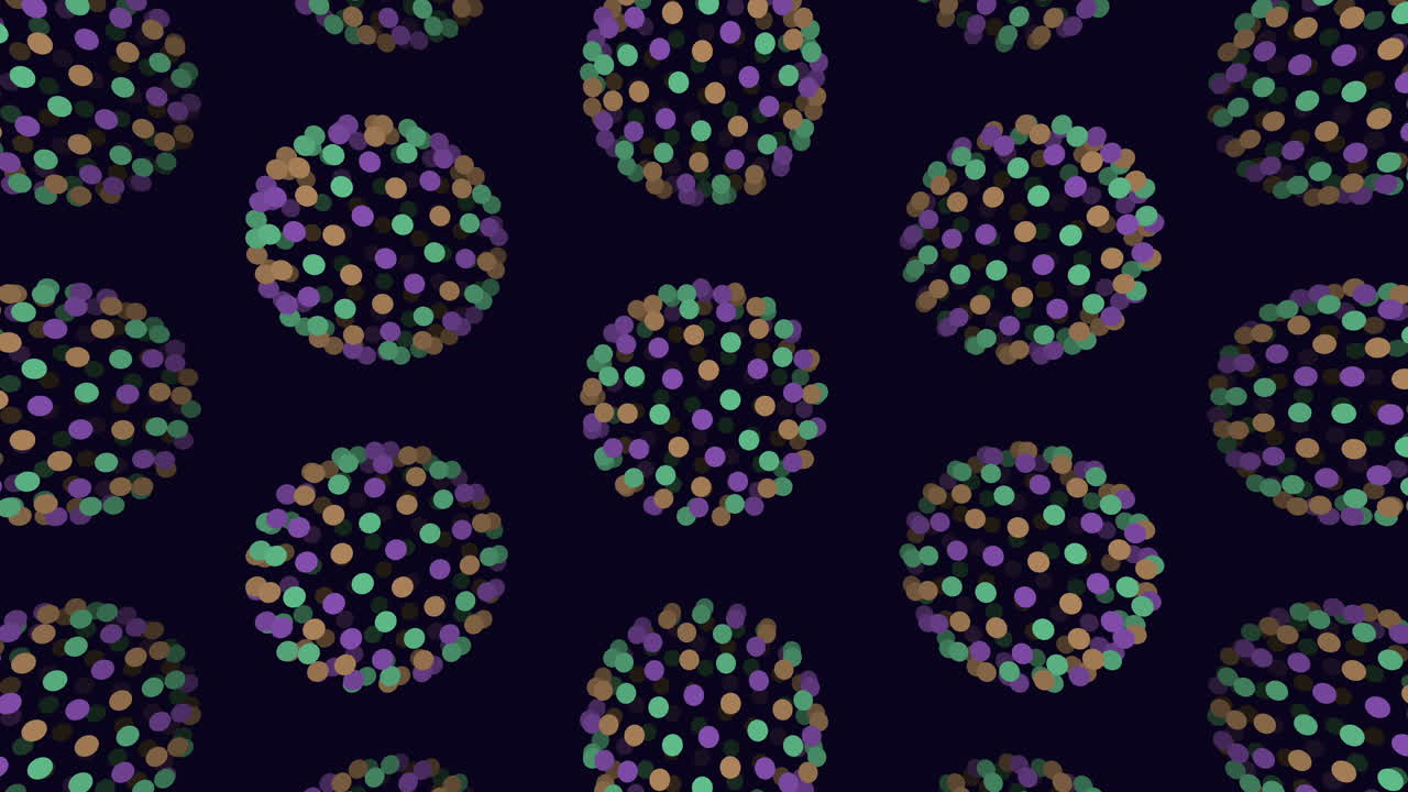 Illusion neon spheres pattern in rows with neon dots on dark gradient
