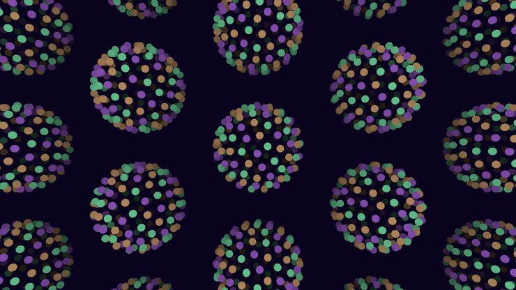 Illusion neon spheres pattern in rows with neon dots on dark gradient