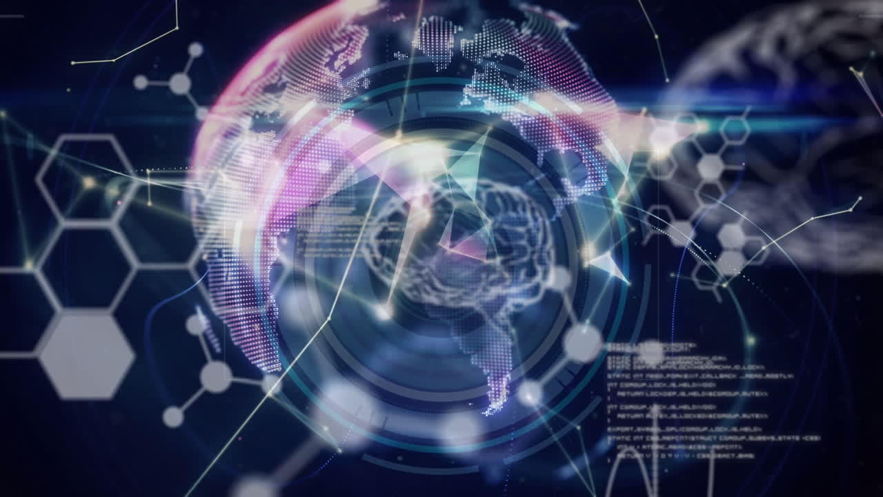 Animation of chemical formulas and brain over connections on black background