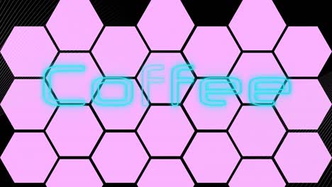 animación del texto del café en neón azul sobre una cuadrícula hexagonal rosa, sobre fondo negro