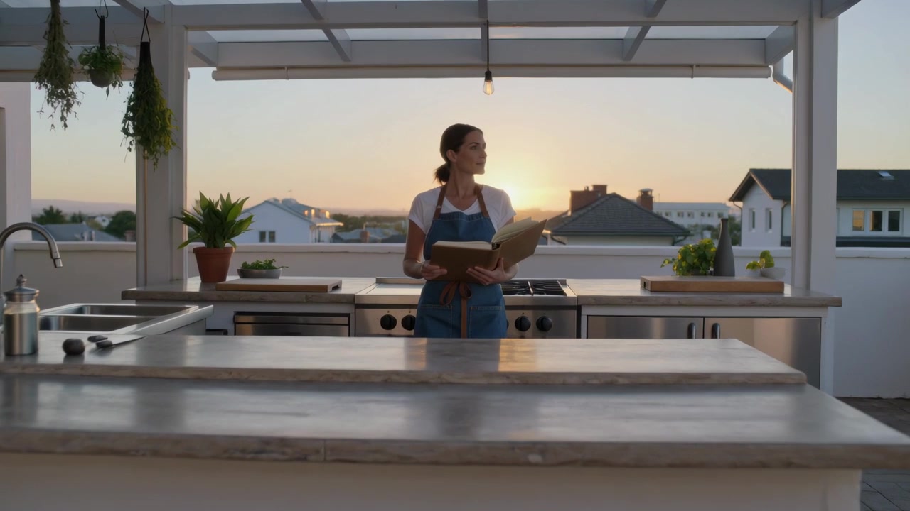 Donna che apre un libro di cucina, legge una ricetta e osserva la cucina sul tetto al tramonto, indossando un grembiule blu