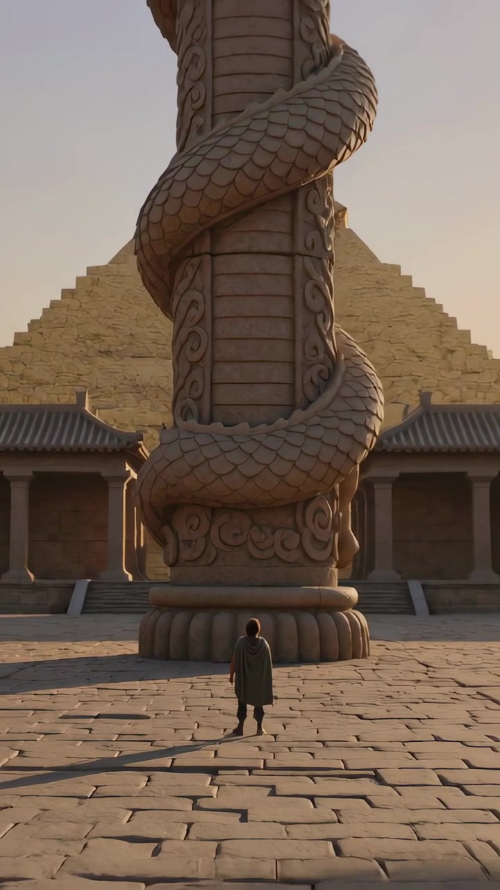 Video verticale: Vedendo una colonna serpentina, un uomo con un mantello cammina sulla piazza, studiando la colonna e la piramide.