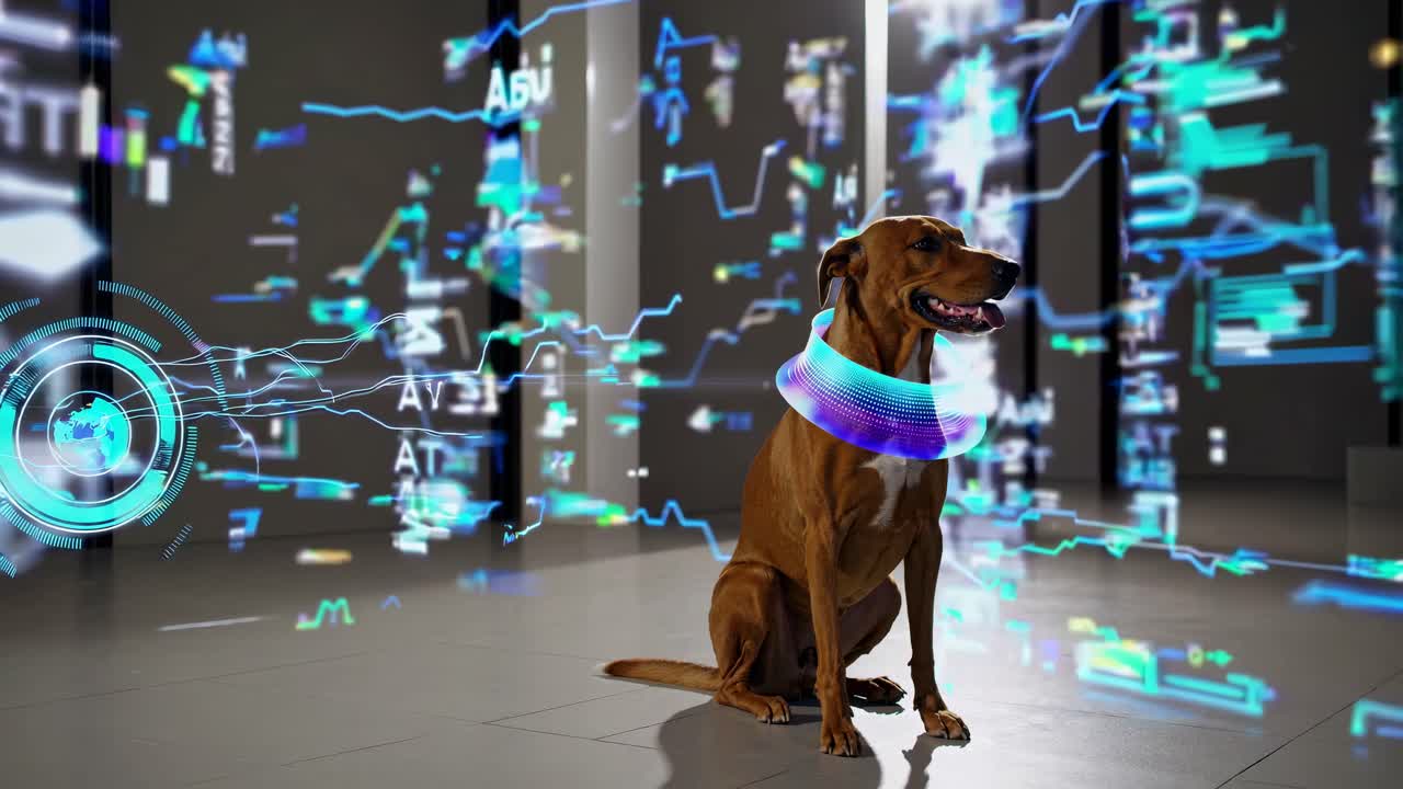 Dog with futuristic glowing collar in a digital environment