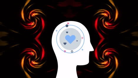 animation of hearts with circles in human head over dynamic spiral patterns