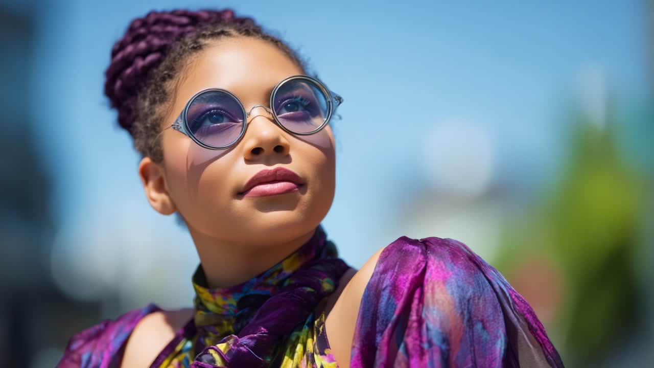 Una giovane donna sicura di sé che mette in mostra una moda vivace e occhiali da sole alla moda con un cielo blu sullo sfondo, incarnando la bellezza e l'espressione di sé mentre cattura l'attenzione