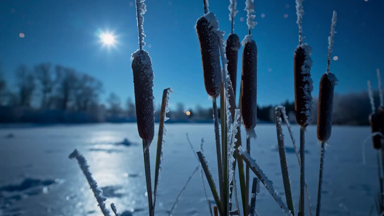 Skiftende kamera afslører frostklædte rørkolber og viser rimfrostdetaljer ved en frossen søbred.